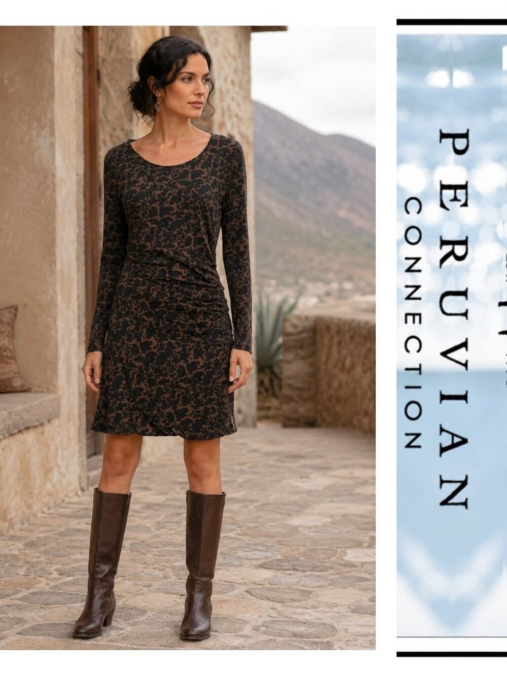 Peruvian Connection Brown Black Abstract Damask Floral Ruched Pencil Dress M